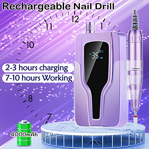 Electric Nail Drill Machine, 35000rpm Professional Drills for Acrylic Nails, Portable Electric File Manicure Tools, Cordless Rechargeable Efile Kit