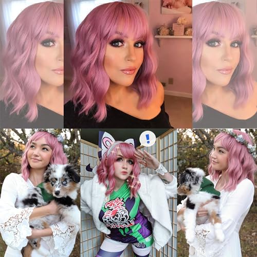 VCKOVCKO Pastel Wavy Wig With Air Bangs Women's Short Bob Purple Pink Wigs Curly Wavy Shoulder Length Pastel Synthetic Bob Wig for White Women Girls Daily Use Colorful Wigs(12", Purple Pink)
