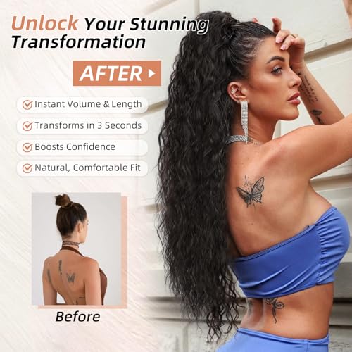 Lommel Ponytail Extension, Claw Clip Ponytail Extension for Women Long Wavy Pony Tails Hair Extensions Fluffy Natural Looking Synthetic 26 Inch Clip in Ponytail Hairpiece for Daily Use (Brown Black)