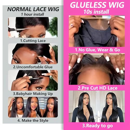 Wear and Go Glueless Wigs Human Hair Pre Plucked Pre Cut 180% Density 6x4 Ready to Wear Glueless Human Hair Wigs Straight for Black Women 20 Inch