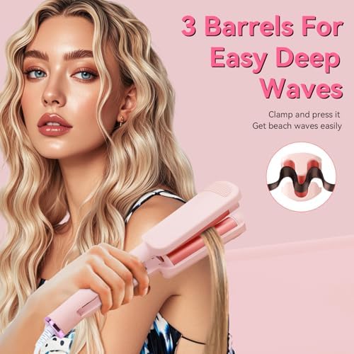 Curling Iron Hair Crimper Waver - CHIKYO 3 Barrel Rovy Wave Curling Iron, 1.25 Inch Ionic Beach Waves Curling Wand, Deep Waver Hair Curler Hot Tool with Ceramic for Women, Dual Voltage, Easy to Use