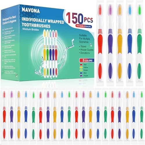 Navona 150 PCS Premium Individually Wrapped Bulk Toothbrush Pack, Disposable Toothbrushes, Kids Toothbrush, Medium Soft Bristle Toothbrushes, Ergonomics Handle, Perfect for Travel Hotel Donation
