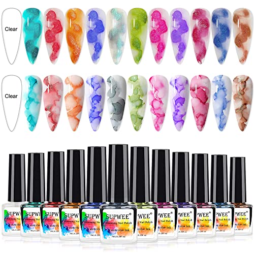 Blooming Watercolor Ink Nail Polish Marble Nail Polish Flower Blossom Nails for Spreading Marble Effect Manicure 12 Colors 7ml(0.25fl oz)