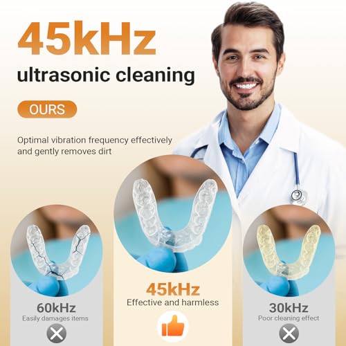 Ultrasonic Retainer Cleaner Machine - 45kHz Ultrasonic Cleaner Deep Cleaning for Mouth Guard, Denture, with UV, Digital Timer, 200ml Dental Cleaning Tank, Wood grain,2 Modes,Quiet & Safe Design