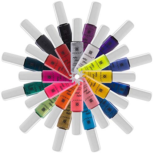SHANY Nail Art Set Nail Polish - Glitter, Metallic, Pearls, Neon and Matte Nail Polish Nail Art Drawing Decoration Set With Built-in Thin Nail Art Brush - 24 Famous Colors Nail Polish Bulk