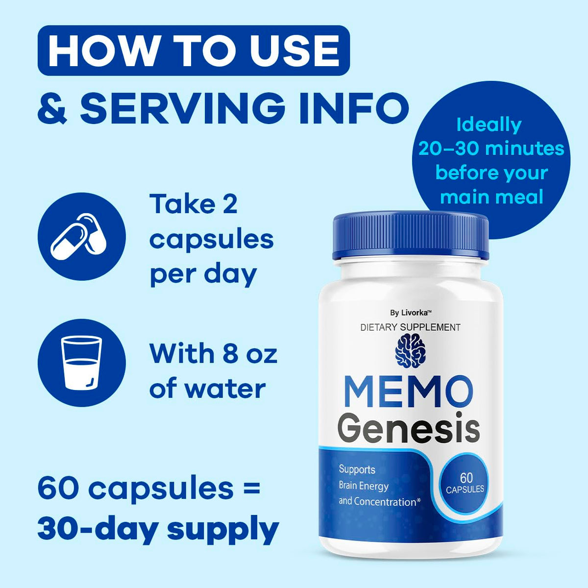 (2 Pack) Memo Genesis Capsules - Original MemoGenesis Brain Health Daily Support Pills Natural Advanced Formula Cognitive Health & Function to Help Maintain Clarity Focus, 120 Capsules for 2 Months