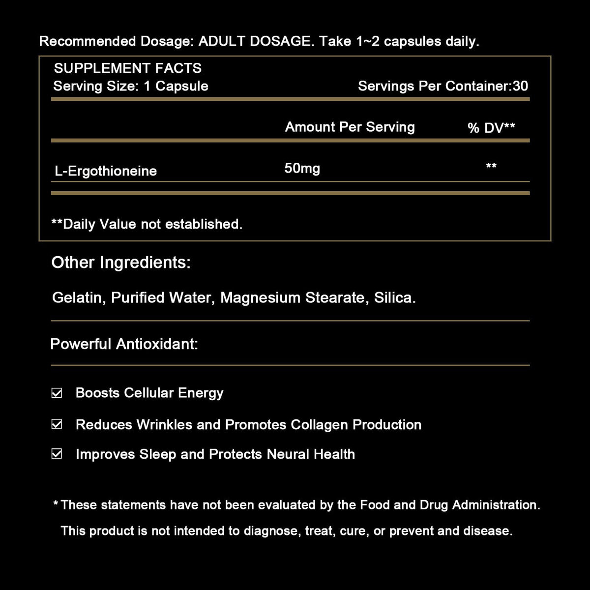 SUPER-SYN L-Ergothioneine 50mg of Ultra-Pure, Antioxidant Dietary Supplement, Cellular Health, Cognitive Health, Longevity, Gluten-Free, Vegetarian, Non-GMO