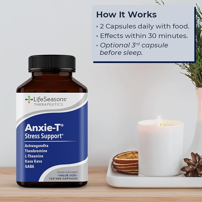 Anxie-T - Stress Relief Supplement - Supports Mood & Mental Focus - Feel Calm and Relaxed - Eases Tension & Nervousness - Ashwagandha, Kava Kava, GABA & L-Theanine - 120 Capsules
