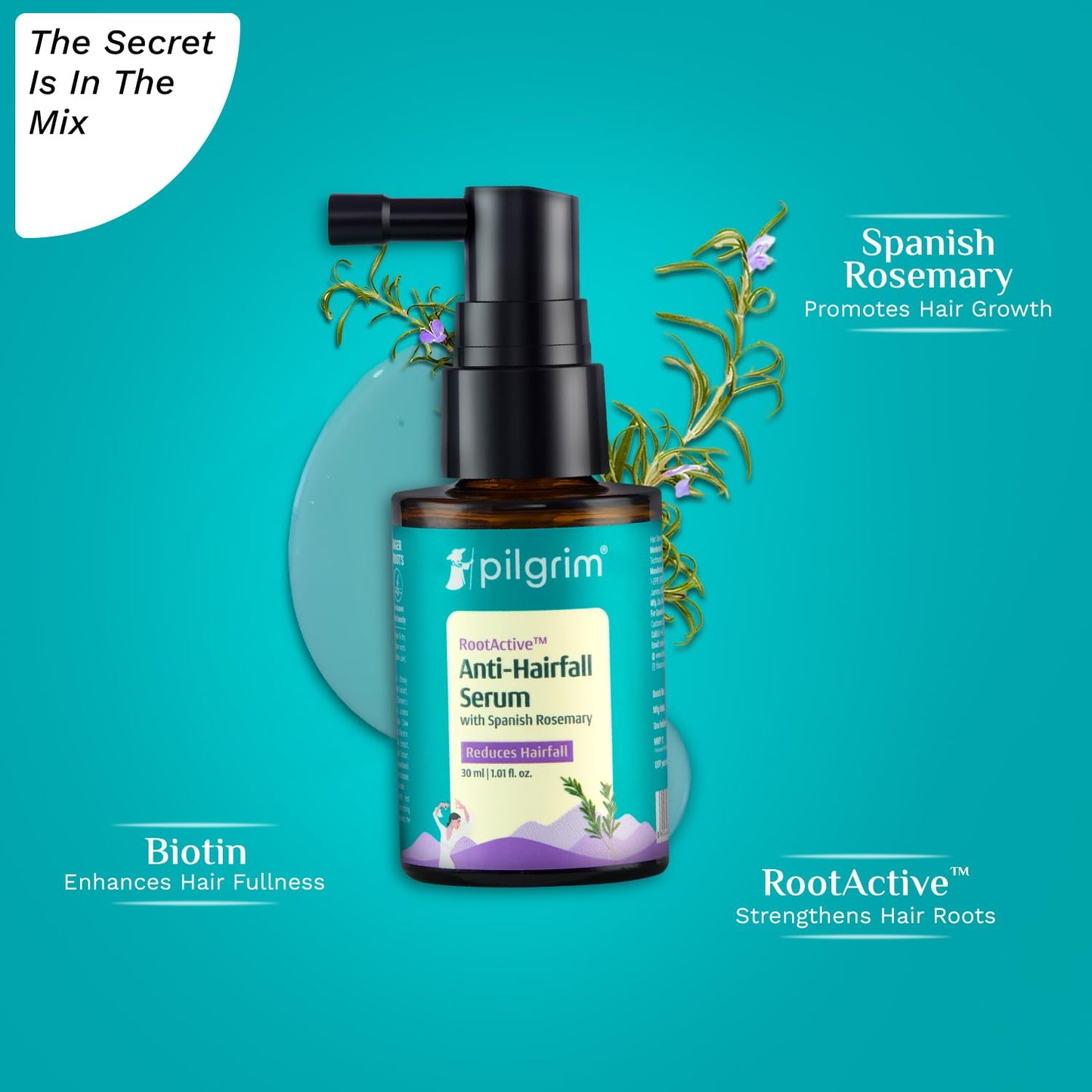 Rosemary Hair Serum for Hair Fall – Pilgrim RootActive Anti-Hairfall Serum with Caffeine, Biotin, Capilia Longa & Saw Palmetto | Reduces Hair Loss | For Men & Women | 1.01 Fl Oz (30ml)