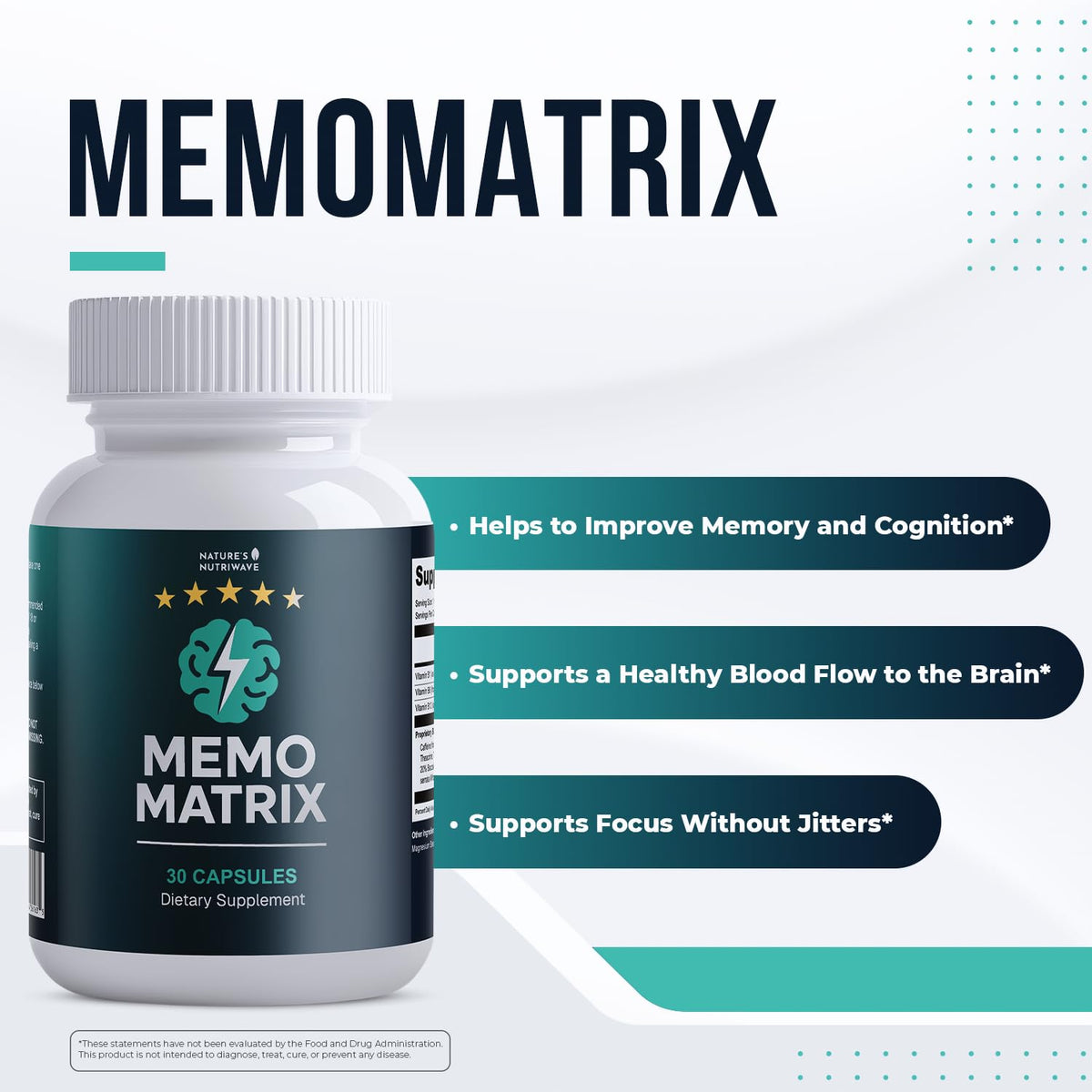 Nature’s NutriWave MemoMatrix – Daily Vitamin B1, B6, B12& Botanical Supplement with Bacopa, Rhodiola, Huperzia, L-Tyrosine & B-Vitamin Blend – Non-GMO Formula – 30 Capsules, 1 Month Supply
