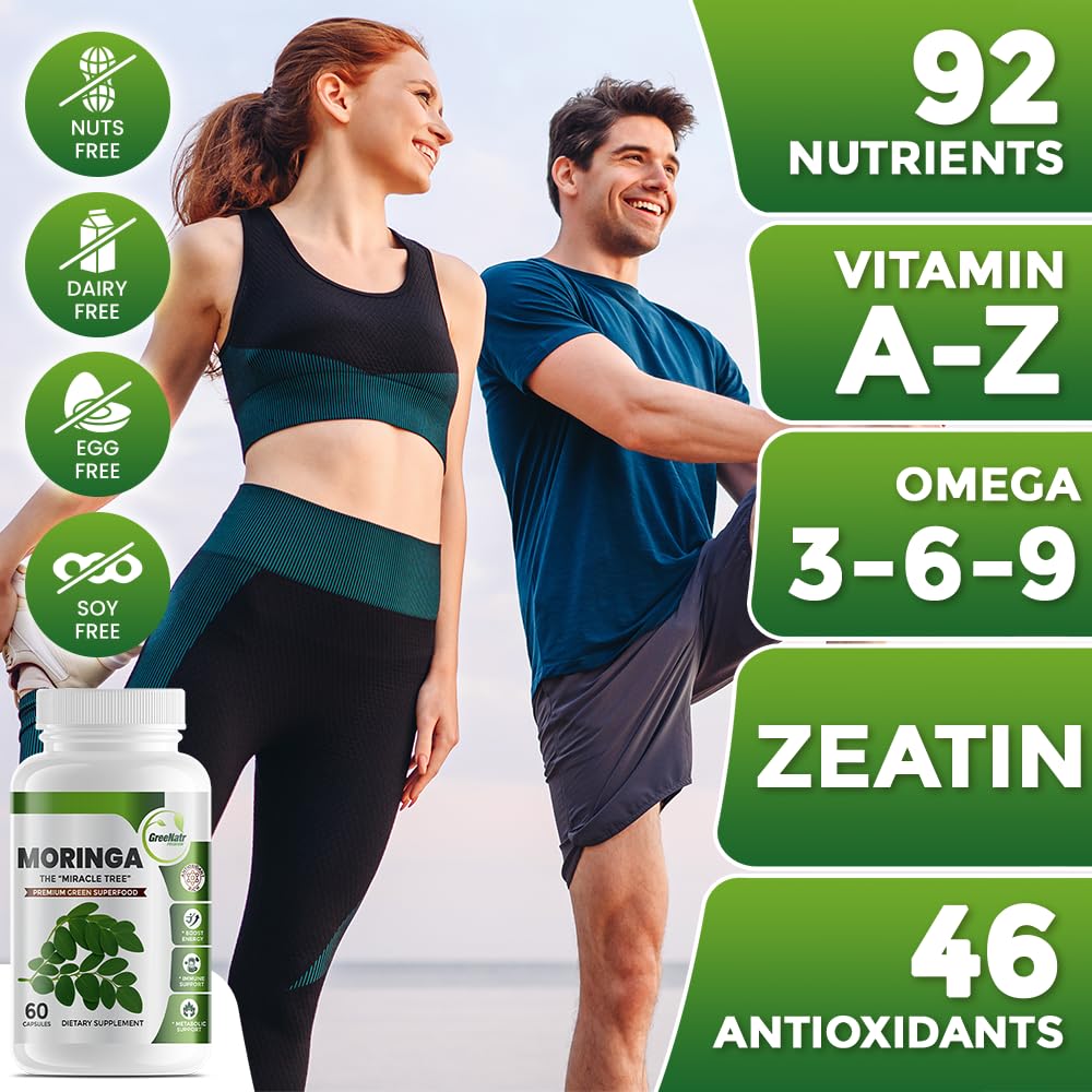 Pure Moringa Oleifera Green Superfood Capsules with Vitamin C, Omega 3 & Amino Acids - Boosts Energy, Mood, Memory, Immune Support - Made from Organic Moringa, Non-GMO - 60 Capsules (1 Bottle)