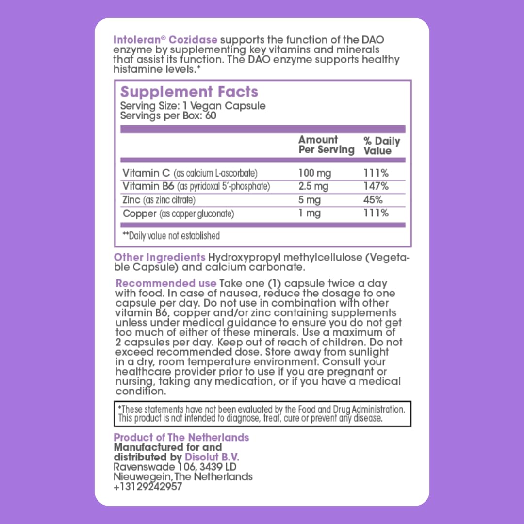 Intoleran Cozidase - 60 Capsules | Supplement for Histamine Intolerance & DAO Deficiency | Stimulates Diamine Oxidase (DAO) Enzyme Production | Vitamins & Minerals; Copper, Zinc, Vitamin B6 & C