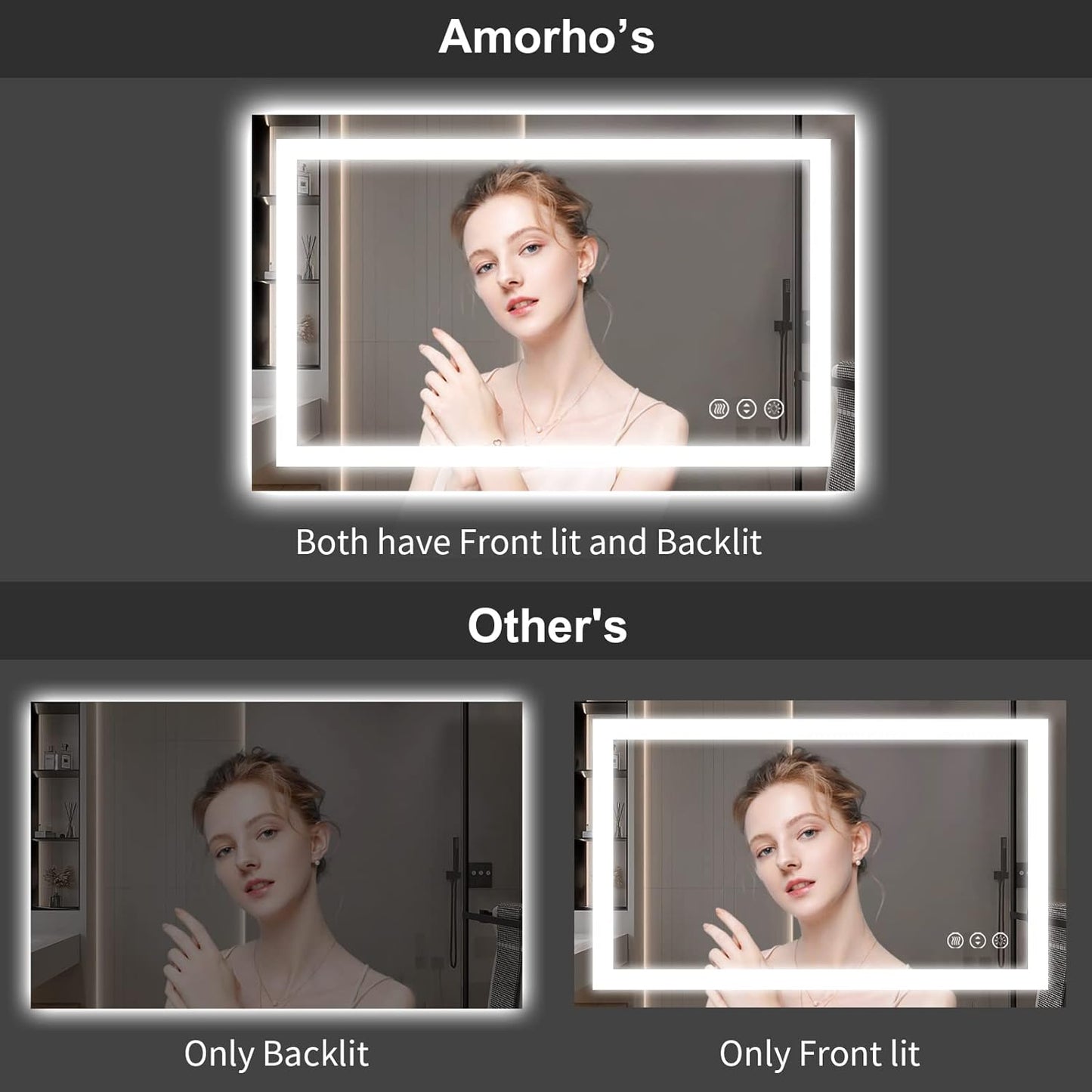 Amorho LED Bathroom Mirror 48"x 38" with Front and Backlight, Stepless Dimmable Wall Mirrors with Anti-Fog, Shatter-Proof, Memory, 3 Colors, Double LED Vanity Mirror(Horizontal/Vertical)