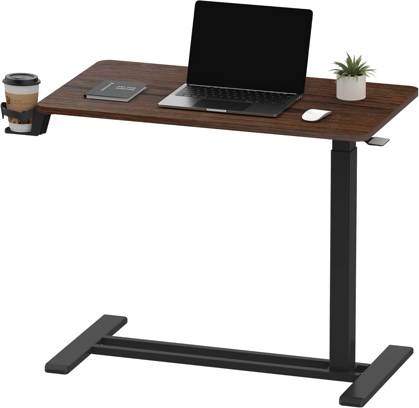 SANODESK Medical Adjustable Overbed Bedside Table with Hidden Casters, Pneumatic Mobile Laptop Computer Standing Desk Cart with Tray, Hospital and Home Use(31.5" W x 17.7" D, Walnut)