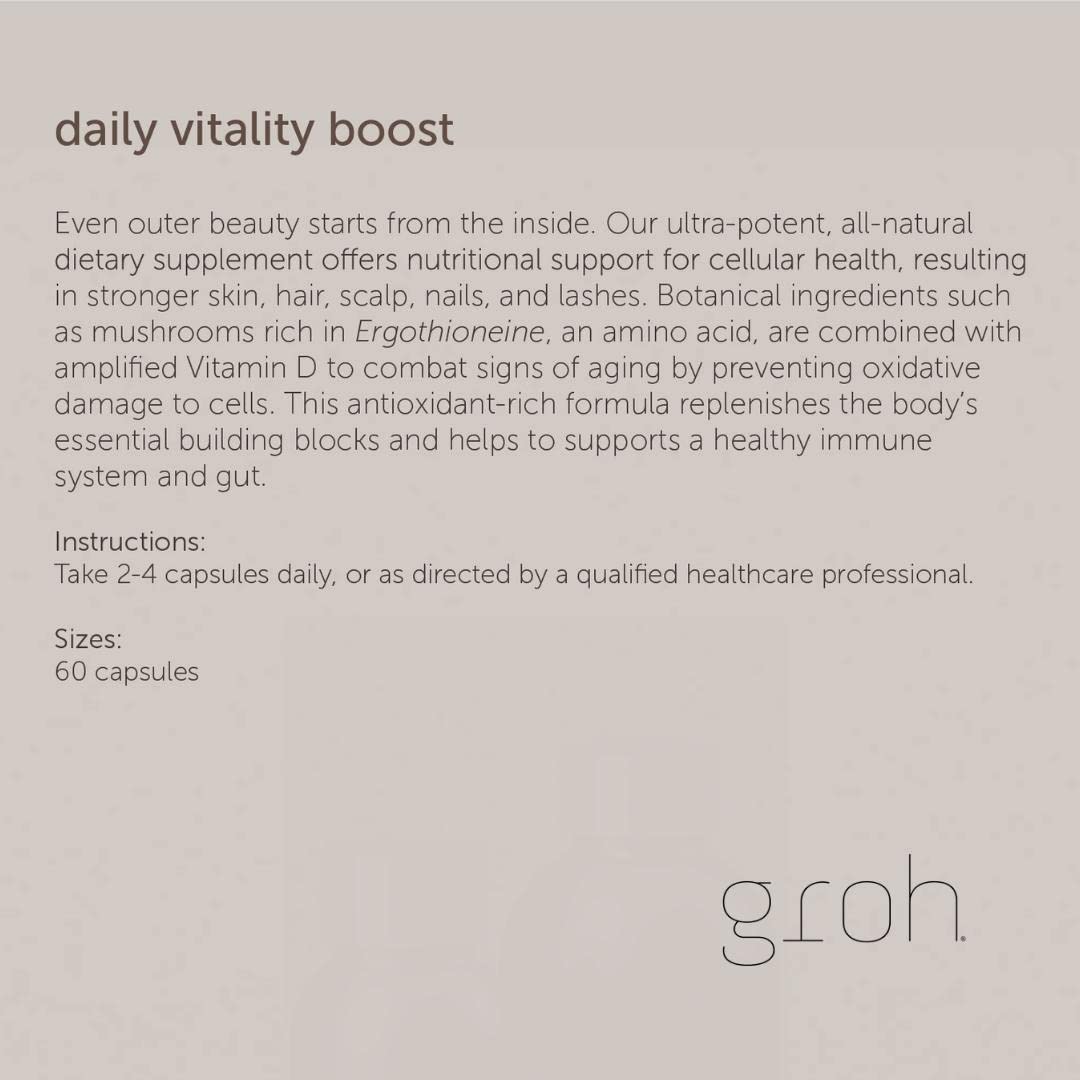 Groh Daily Vitality Boost - All Natural Hair Growth Supplement powered by ErgoD2 - Rich in Antioxidants - Vitamins for Stronger Hair, Skin & Nails- Best Choice for Thinning Hair - 60 Count