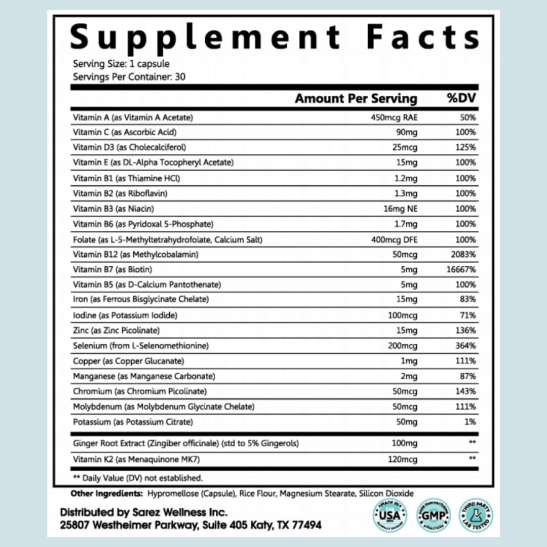 Sarez GLP-1 Daily Nutrient Support Capsules — Methylated Vitamins & Chelated Minerals — Energy, Metabolism, Digestion & Hair Support — with Ginger for Nausea — Gentle on Stomach — 30 Day Supply