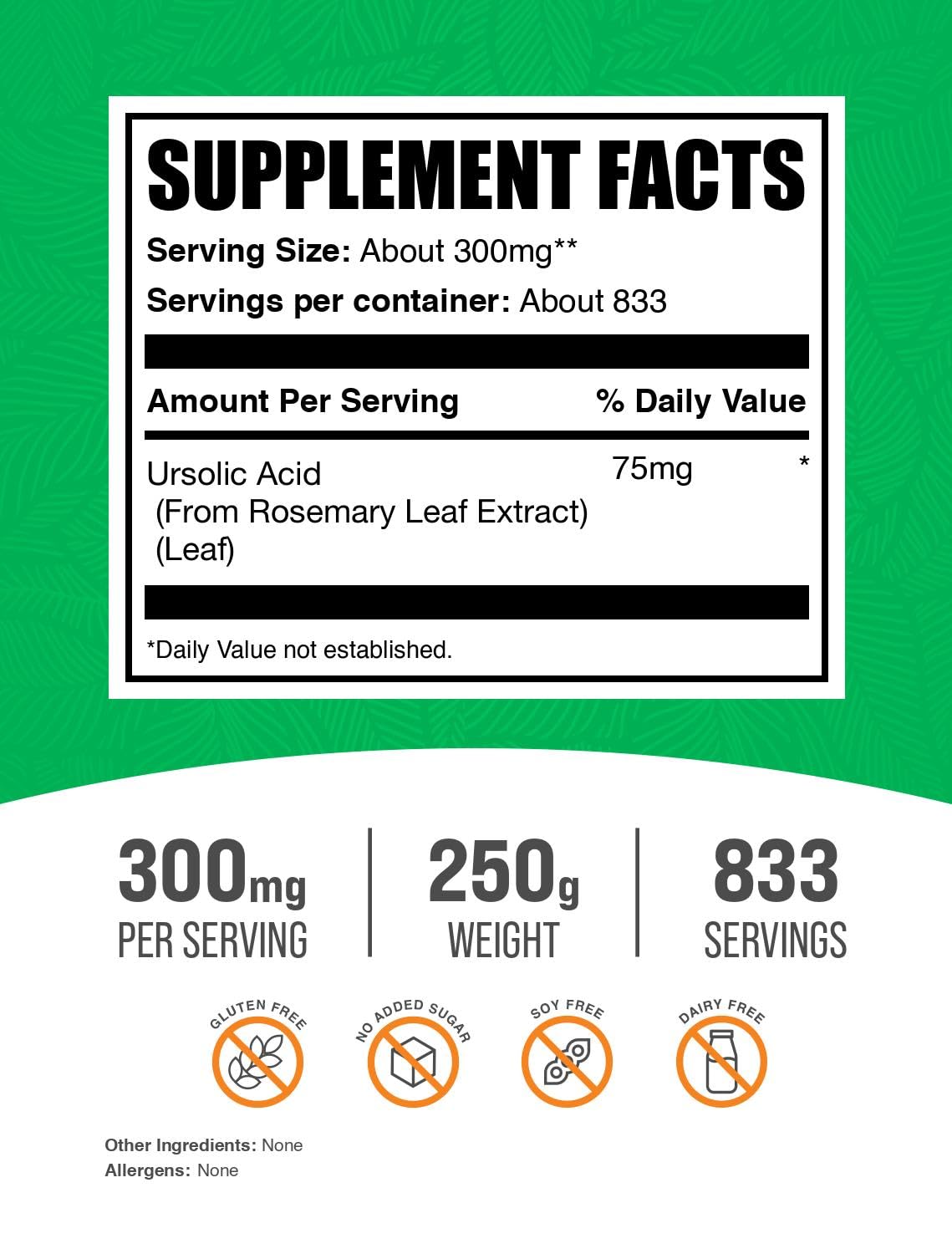 BulkSupplements.com Ursolic Acid Powder - Sourced from Rosemary Leaf Extract, Ursolic Acid Supplement - Vegan & Gluten Free, 75mg per Serving, 250g (8.8 oz) (Pack of 1)