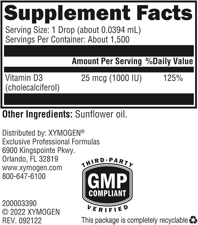 XYMOGEN D3 Liquid - Liquid Vitamin D Drops with Vitamin D3 to Support Immune Health, Bone + Heart Health - 1000 IU VIT D per Drop - Micro-Emulsified for Enhanced Absorption (2.03 oz / 1500 Servings)