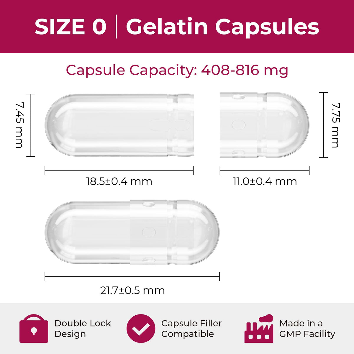 ATLEMISME Empty Gelatin Capsules Size 0 - Clear Empty Capsules 1000 Count - Kosher and Halal Pure Gelatin Pill Capsule - DIY Powder Filling - Fillable Gel Caps for Do-It-Yourself Supplements
