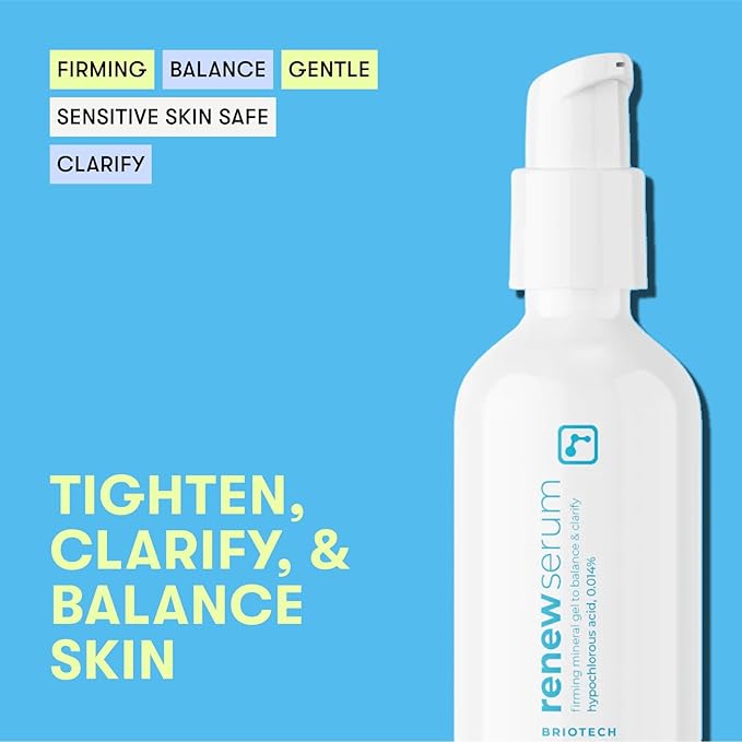BRIOTECH Renew Serum, Hypochlorous Acid Mineral Gel, Soften Fine Line Appearance, Smooth Skin for Face, Neck, Chest, Spot Corrector, Soothe Redness, Vegan, 2 fl oz (4 Pack)
