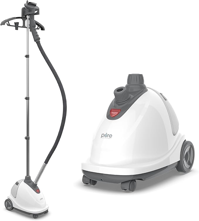 Pure Enrichment PureSteam XL Standing Fabric Steamer - Professional Wrinkle Remover Heats in 45 Seconds; 1/2-Gallon Tank for 1 Hour of Steaming; Easy-Roll Wheels, Garment Hanger, & Fabric Brush