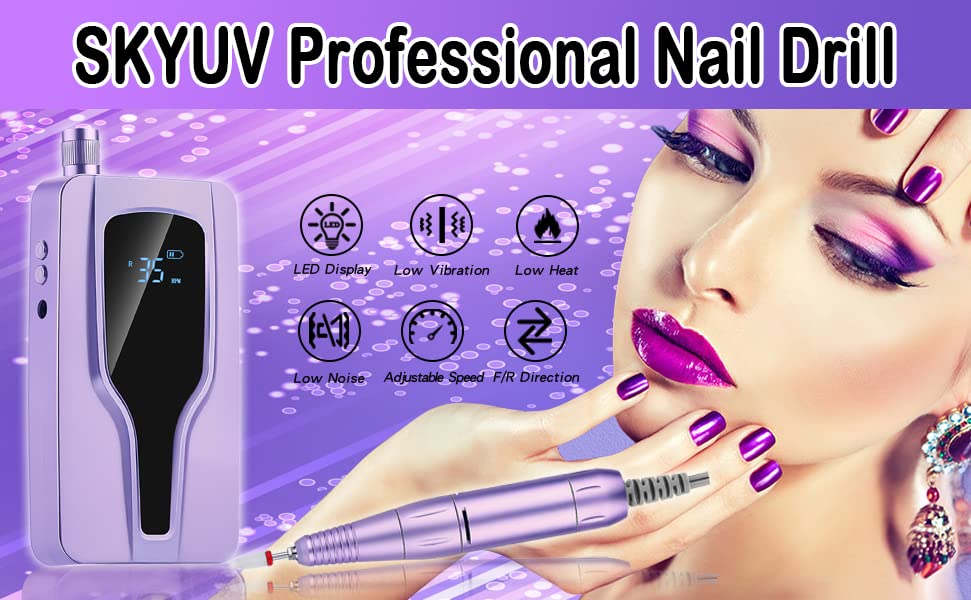 Electric Nail Drill Machine, 35000rpm Professional Drills for Acrylic Nails, Portable Electric File Manicure Tools, Cordless Rechargeable Efile Kit