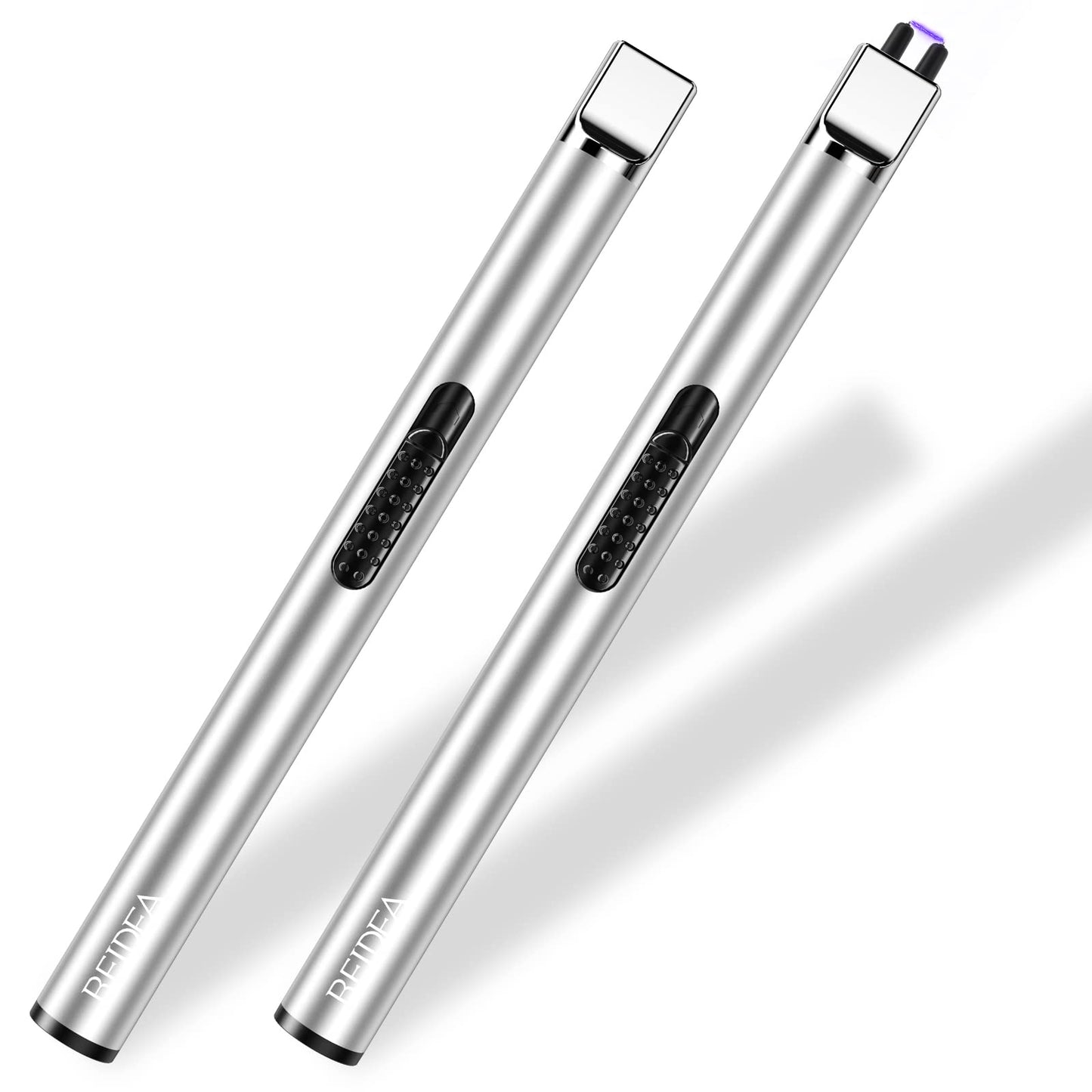 REIDEA Electronic Candle Lighter Arc Windproof Flameless USB Rechargeable Lighter with Safe Button for Home Kitchen (2 Pack Silver)
