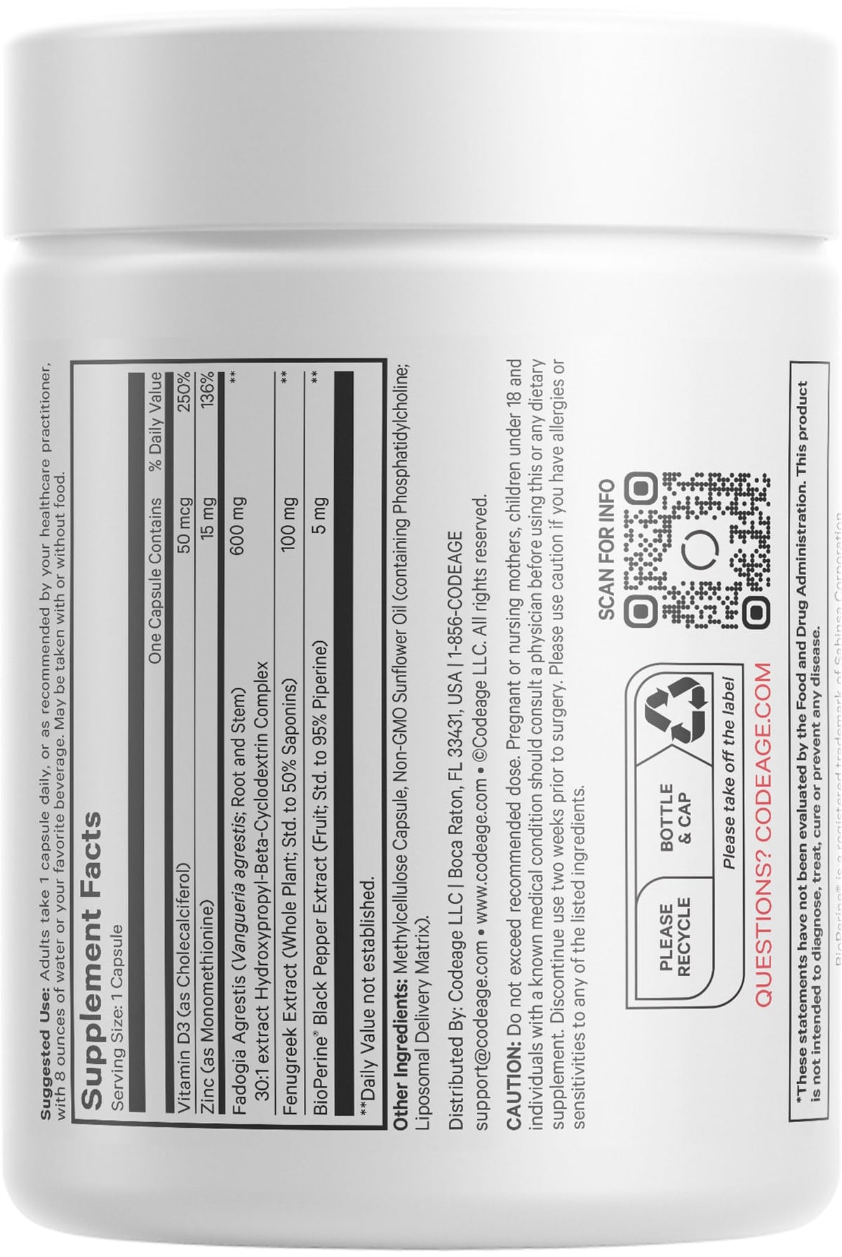 Codeage Liposomal Fadogia Agrestis 600mg Supplement - Fadogia Agrestis 30:1 Extract, Vitamin D3, Zinc, Fenugreek, BioPerine Black Pepper - 2-Month Supply - Liposomal Delivery - Non-GMO, 60 Capsules