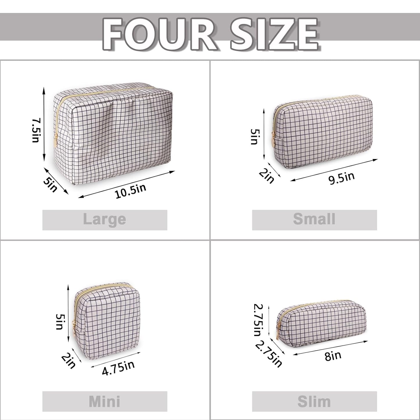 Large Makeup Bag Pouch, Nylon Women Travel Toiletry Storage Bag Checkered Cosmetic Bag for Girls, Big Preppy Makeup Organizer Bag Cute Zipper Pouch Skincare Bag for Sport School Work (Large-Checkered)