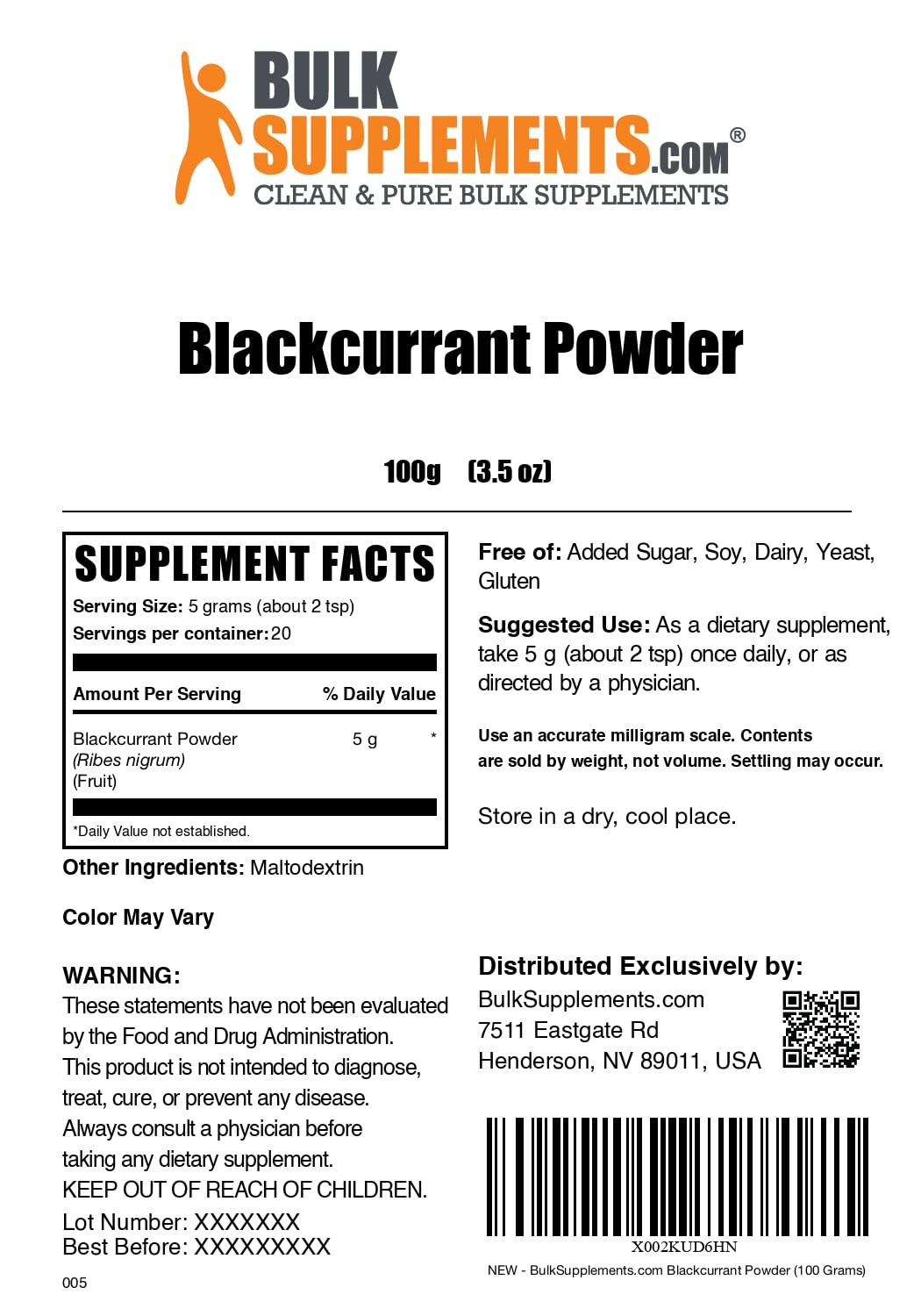 BulkSupplements.com Blackcurrant Powder - Black Currant Supplement, Superfood Supplement - Air Dried & Gluten Free, 5g per Serving, 100g (3.5 oz) (Pack of 1)