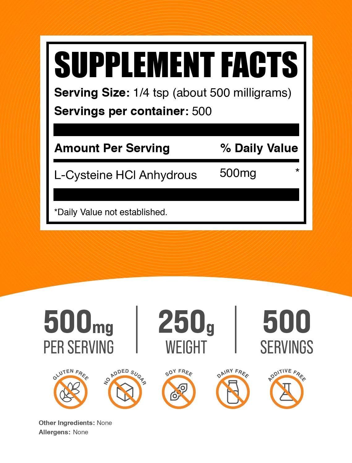 BulkSupplements.com L-Cysteine HCl Powder - NAC Supplement, Amino Acid Supplement - Gluten Free, 500mg per Serving, 250g (8.8 oz) (Pack of 1)