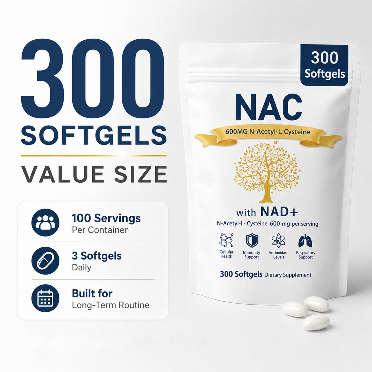 Prspy The Standard Lab NAC 600mg Non-GMO, Gluten Free,Organic NAC Supplement N-Acetyl Cysteine Capsules with NAD+ for Cellular & Lung Health, 300 Softgels