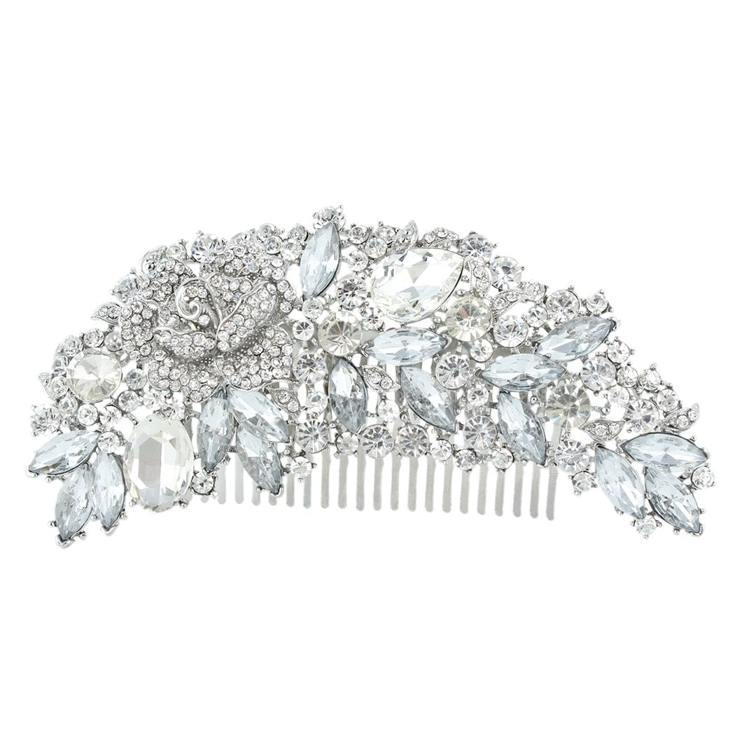 EVER FAITH Bridal Hair Accessories Crystal 5 Inch Rose Flower Bouquet Side Comb Clear Silver-Tone For Women