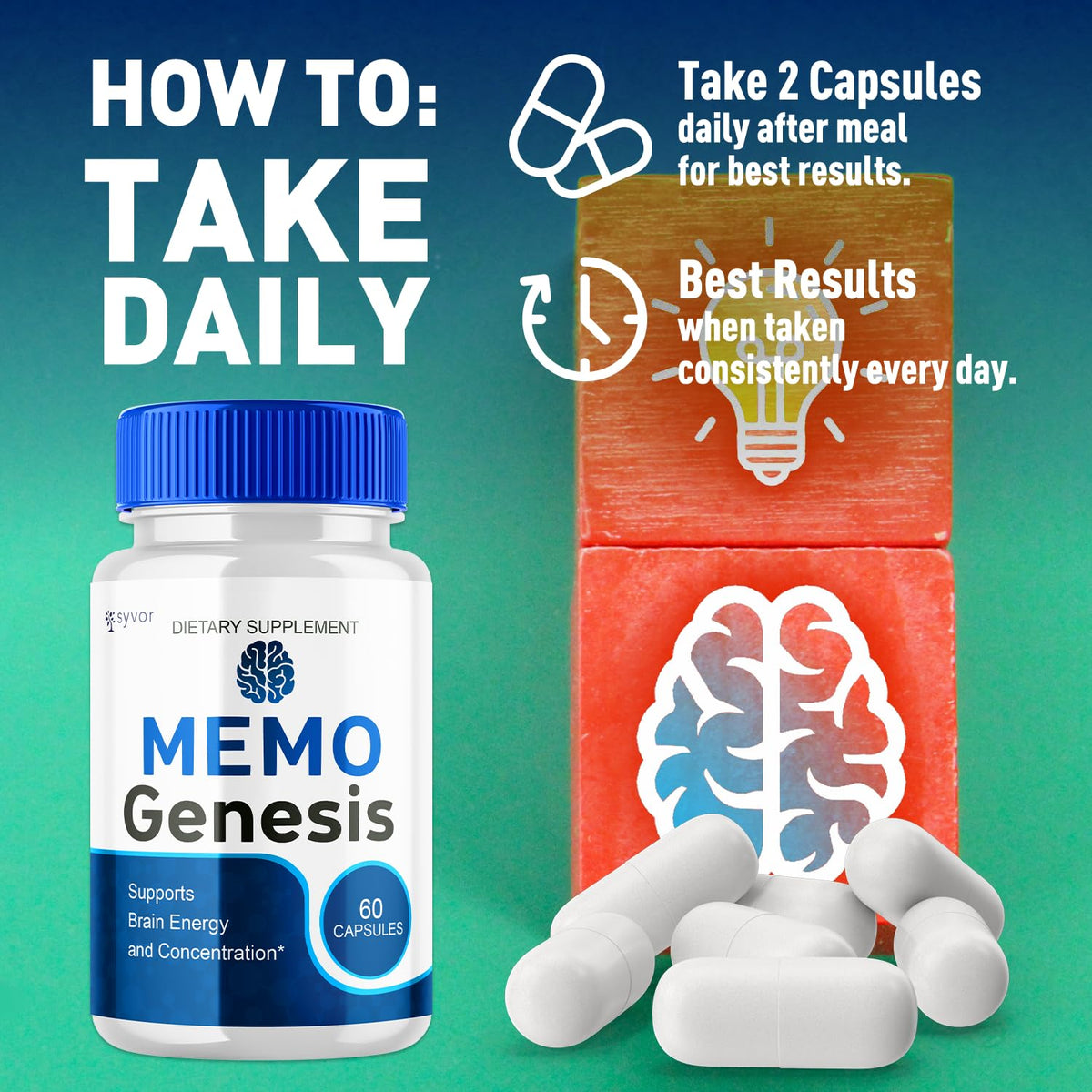 (2 Pack) Memo Genesis Capsules, Official Memogenesis Brain Health Support Pills with All Natural Ingredients, Advanced Brain Energy Supplement with Max Strength Vitamins for Women & Men (120 Capsules)