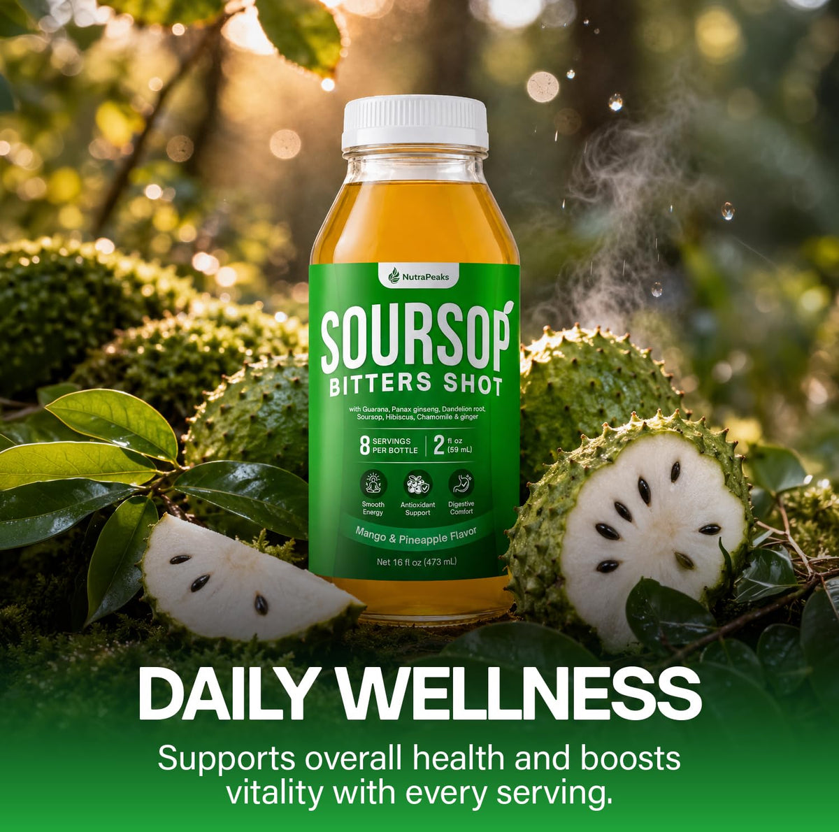 NutraPeaks Soursop Bitters Liquid Immunity + Energy Shots, 16 fl oz, 2 Pack