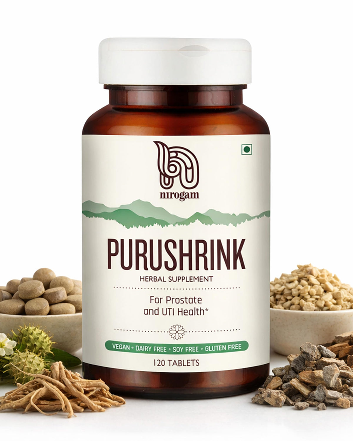 Nirogam Purushrink - BPH Prostate Supplement for Men, Supports Better Sleep & Urinary Health - Natural Ayurvedic Herbal Supplement 120 Tablets - Vegan, Dairy Free, Gluten Free