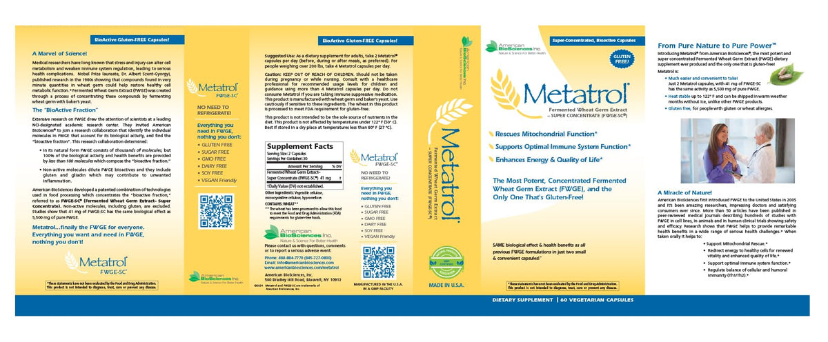 American BioSciences Metatrol 2-Box Bundle, Mitochondrial Rescue & Daily Immune System Support Fermented Wheat Germ Extract - Super Concentrate, 60 Capsules per Box, 41mg of FWGE-SC per Serving