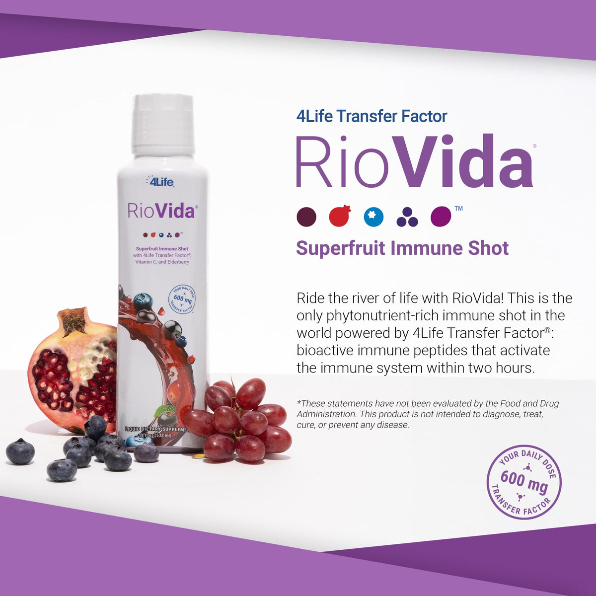 4Life Transfer Factor RioVida - Superfruit Immune Shot with Acai, Pomegranate, Blueberry, Elderberry, Aronia, Maqui, Vitamin C, Cellular Blend - 30 Servings