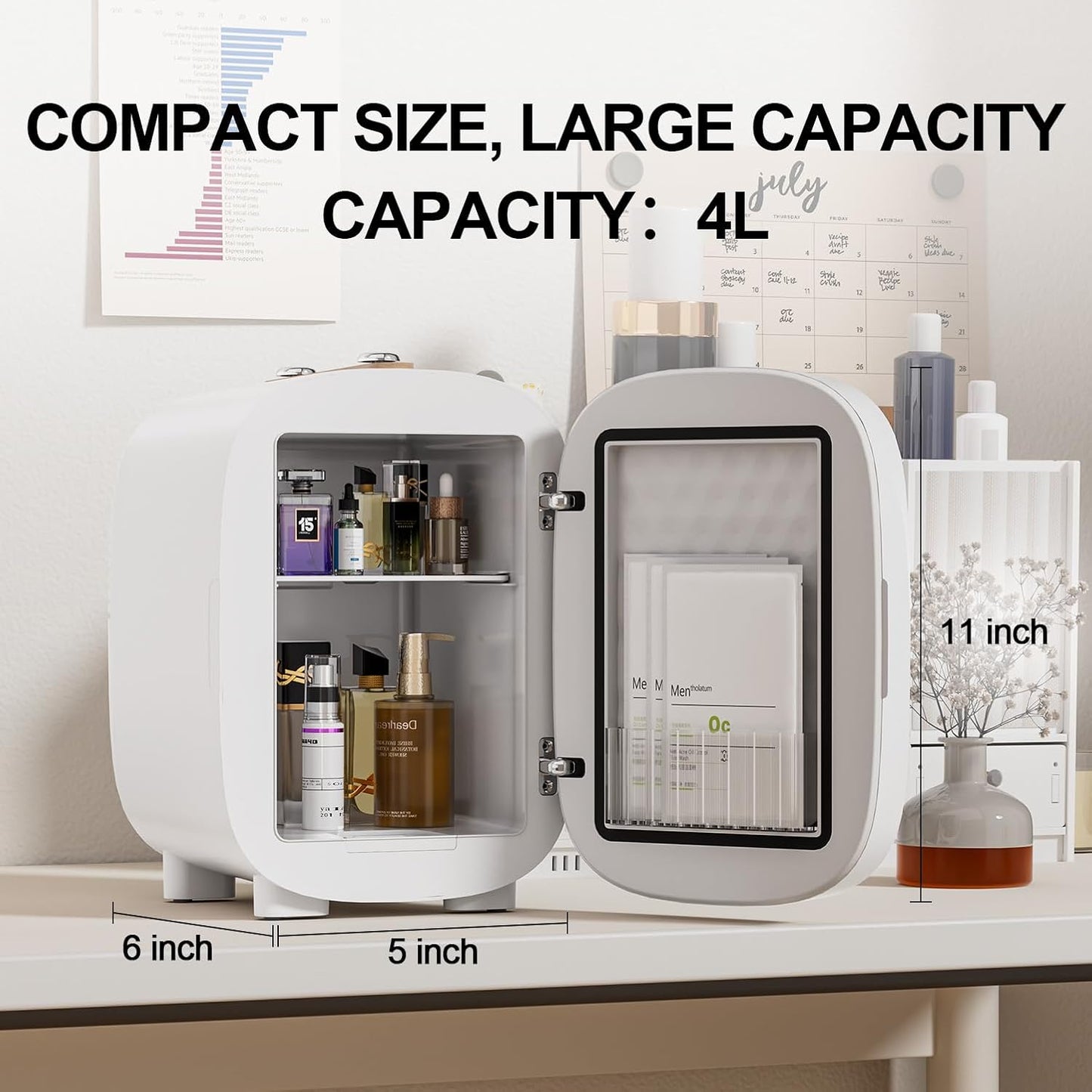 DF01A Skincare Fridge, Mini Fridge for Skincare with 3-Level Dimmable LED Light Mirror, Low Noise 4L Makeup, Cooler & Warmer, Portable Design for Multiple Uses - Bedroom, Office, and Car