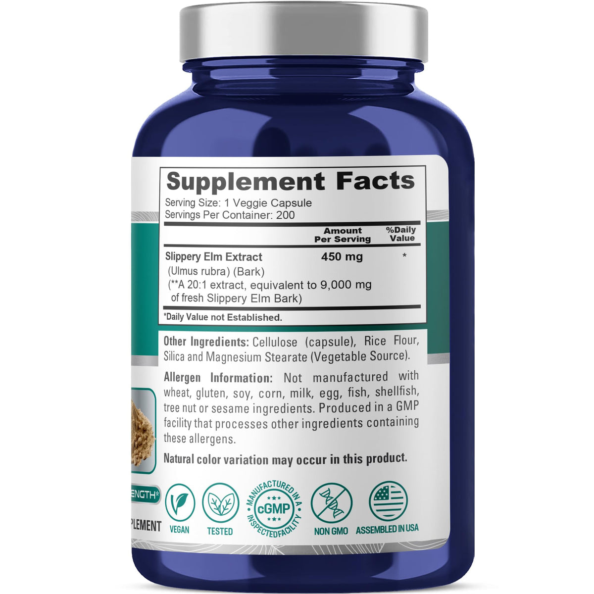 NusaPure Slippery Elm Bark Capsules, 450 mg, 200 Veg Capsules (Non-GMO, Vegan)