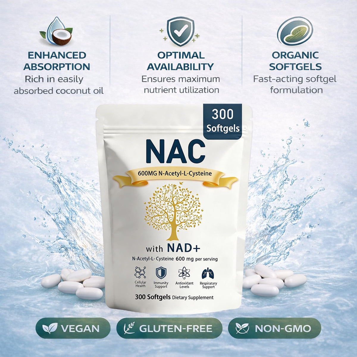 Prspy The Standard Lab NAC 600mg Non-GMO, Gluten Free,Organic NAC Supplement N-Acetyl Cysteine Capsules with NAD+ for Cellular & Lung Health, 300 Softgels