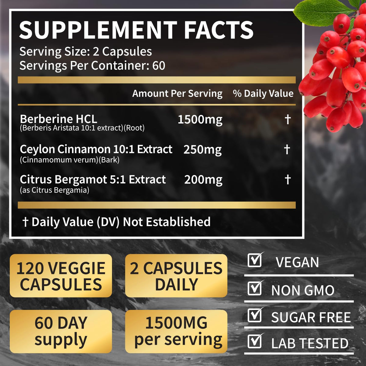 LSOIUX Berberine HCL 1500mg for Weight Loss with Ceylon Cinnamon & Citrus Bergamot | Triple Action Formula for Metabolic Support* | Third-Party Tested Certified, Vegan Capsules, 120 Count