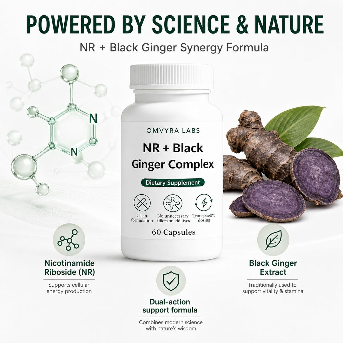 Omvyra Labs NR + Black Ginger Complex – 60 Capsules