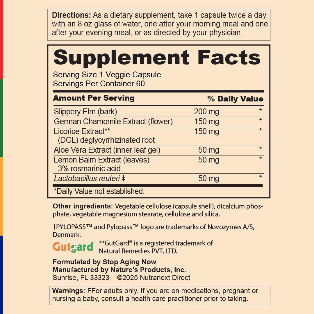Stop Aging Now - Acid Relief Supplement - 60 Vegetable Capsules - with Probiotic Support