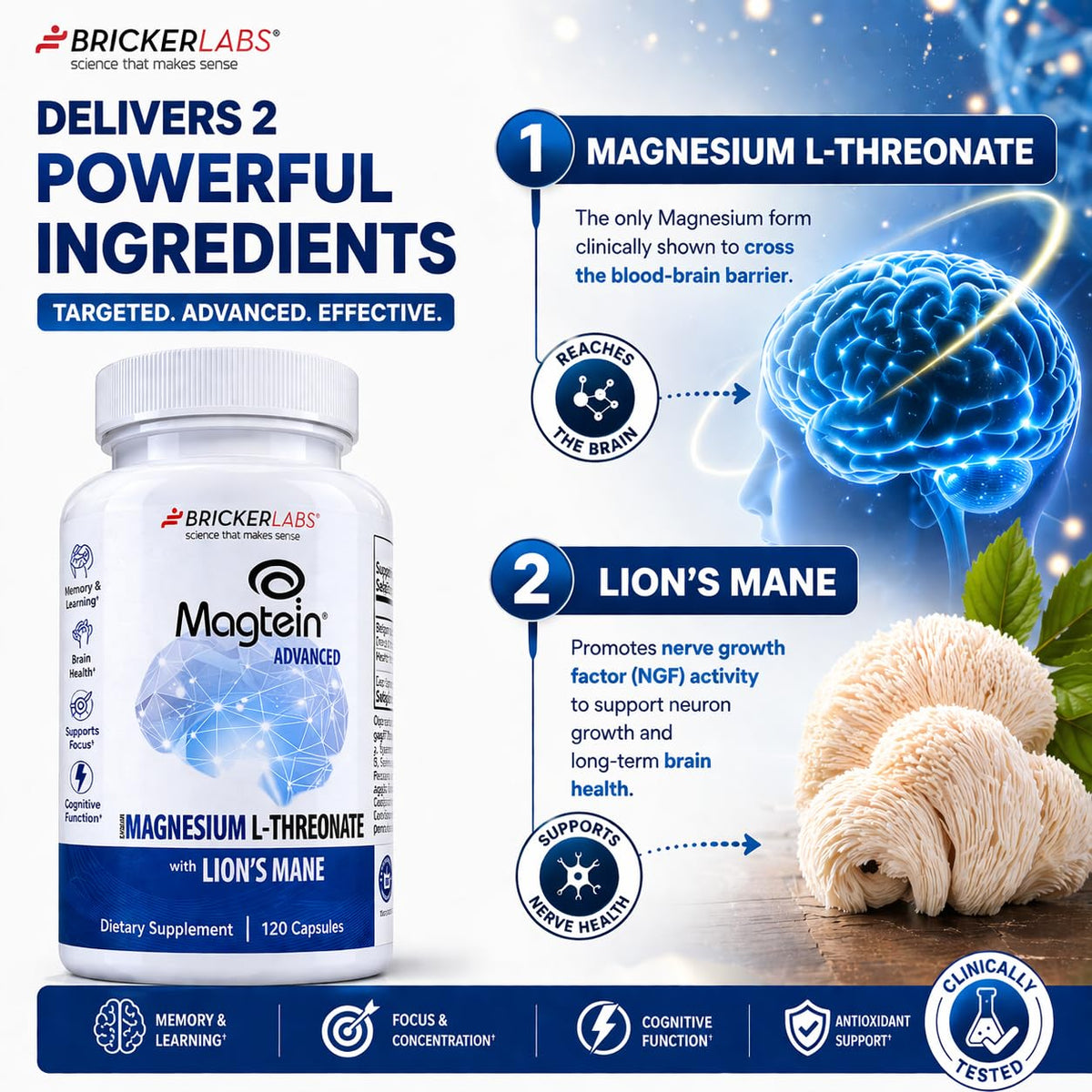 Bricker Labs Magtein & Lion's Mane Magnesium L-Threonate Supplement