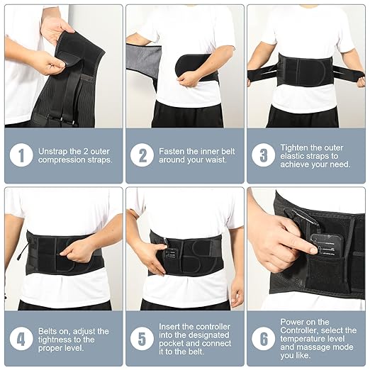 Heated Back Brace with Massage, Rechargeable Heating Pad for Back Pain Relief, Adjustable Back Support Belt with Heat Therapy and Vibration Massager for Men and Women, M
