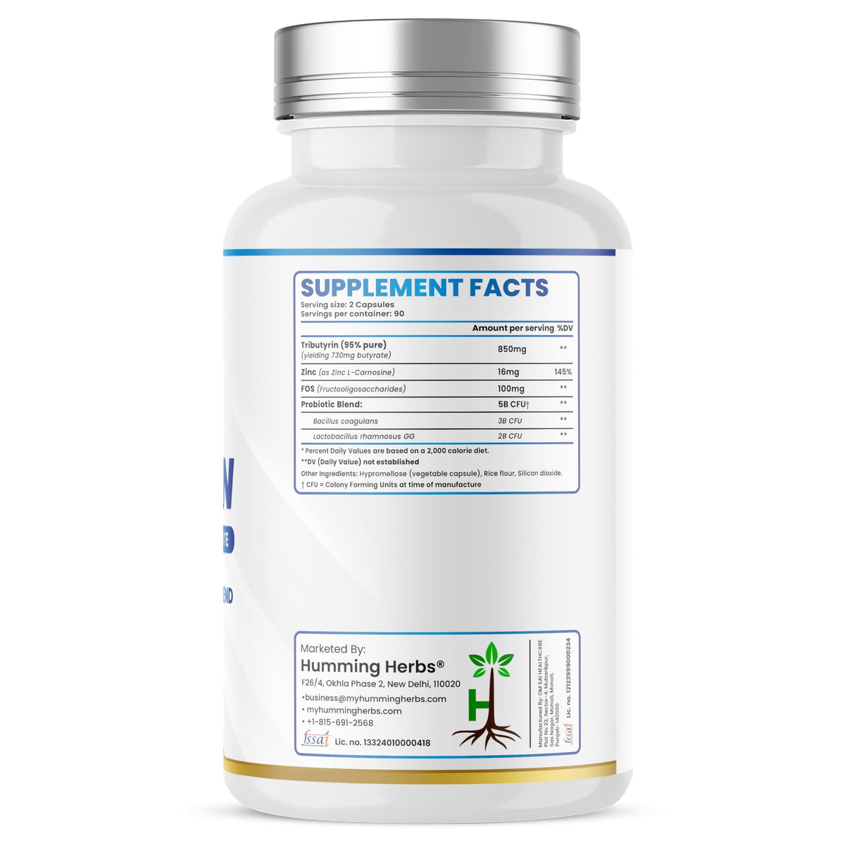 Humming Herbs Tributyrin Complex — 850 mg per Serving (95% Pure, yielding 731 mg Butyrate) with L-Glutamine, Zinc L-Carnosine, FOS & Probiotic Blend (180)