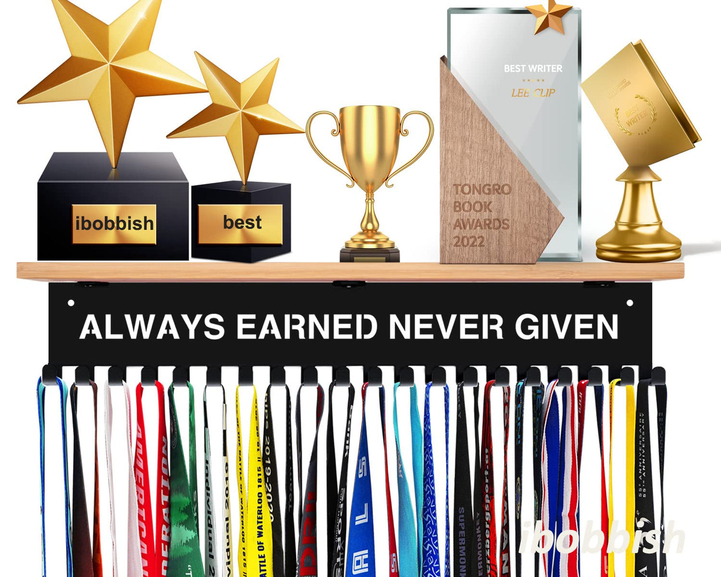 ALWAYS EARNED NEVER GIVEN Trophy and Medal Hanger Display Shelf,Soccer Trophy Shelf with 20 hooks for Medals,Sturdy Soccer Trophy Shelf in Black Metal Wall Mount Over big Medals Trophy Display Shelf