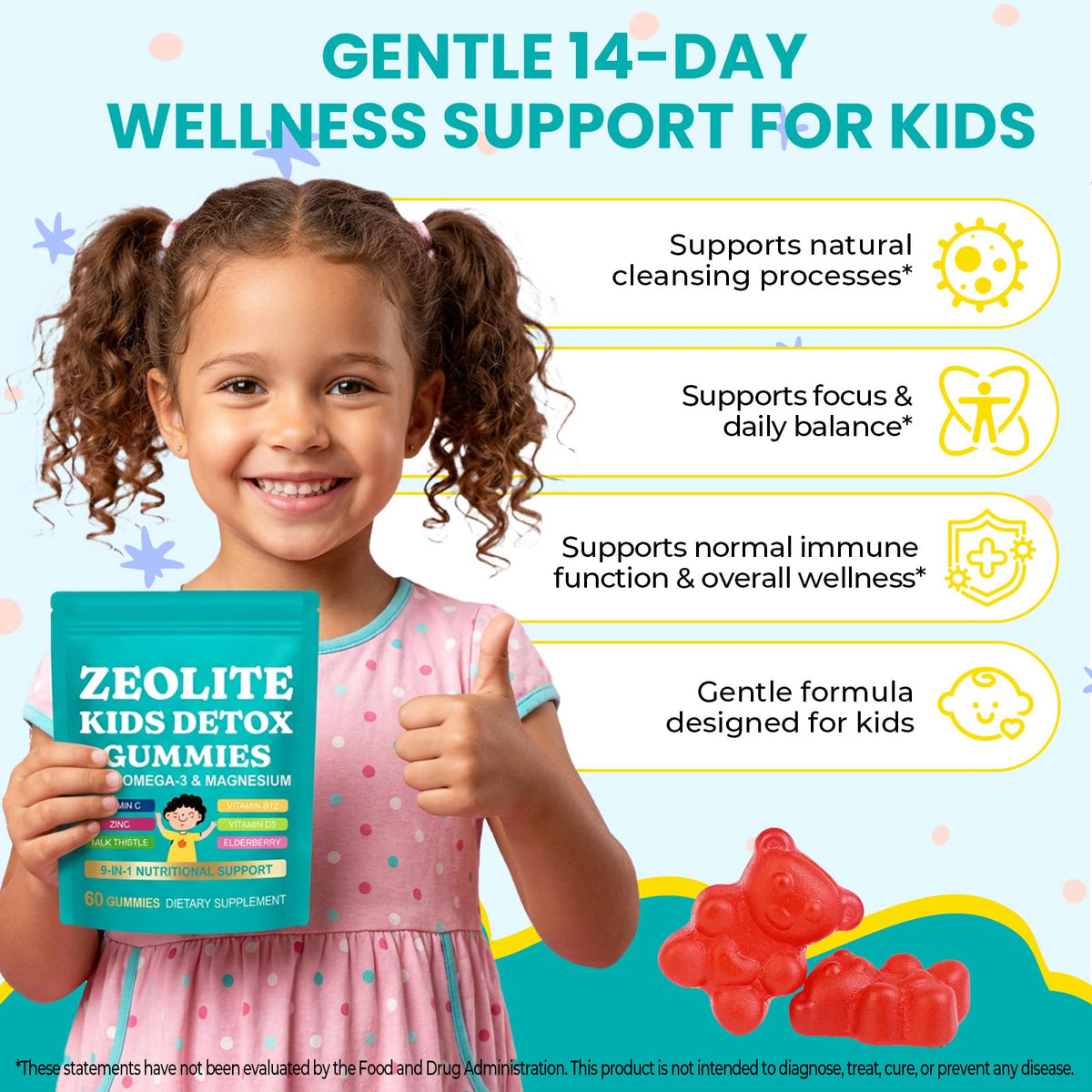 Zeolite Kids Detox Gummies,Zeolite Detox for Kids & Adults,9-in-1 All in One Daily Kids Supplement with Zeolite,Elderberry,Omega-3,Magnesium,Vitamin,Milk Thistle,Zinc,B12,Sugar Free 60 Gummies