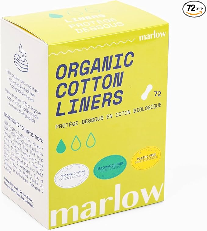 Marlow 100% Organic Cotton Pads - Free from plastic, fragrance, dyes, chlorine-bleaching, Ultra Soft, Leak Proof, Super Absorbent with extra sticky wings (Liners), White